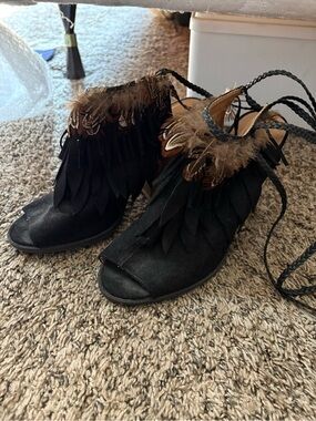 Qupid Black Feathered Ankle Booties with Braided Tie